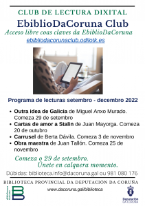 Programa de lecturas no EBIBLIODACORUNACLUB, o club lector dixital da provincia da Coruña