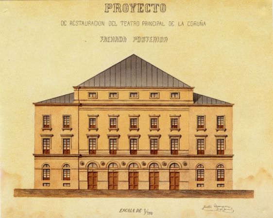 Fachada posterior do Teatro Principal (actualmente Teatro Rosalía de Castro e Biblioteca da Deputación). Asinado polo arquitecto provincial Faustino Domínguez. Ano 1867