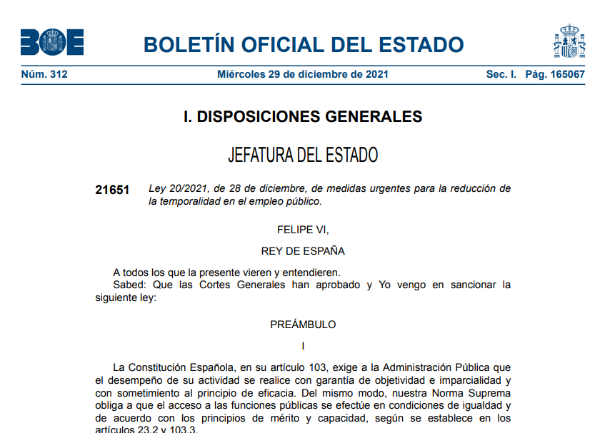 Ley 20/2021, de 28 de diciembre, de medidas urgentes para la reducción de la temporalidad en el empleo público.